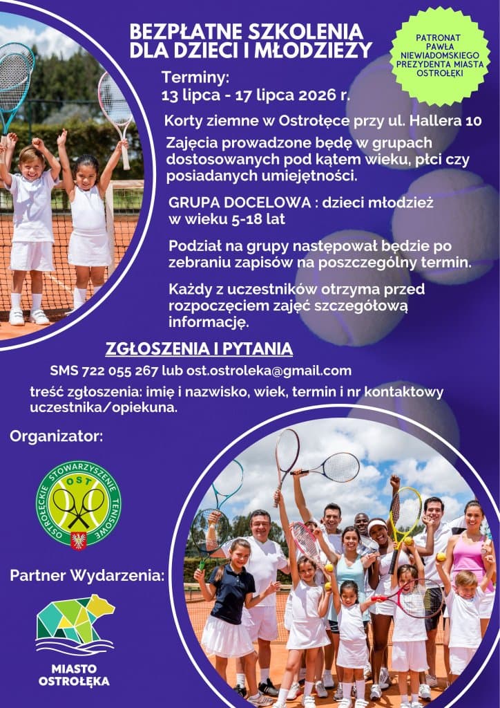 Artykuł sponsorowanyBezpłatne wakacyjne szkolenia tenisowe dla dzieci i młodzieży w Ostrołęce