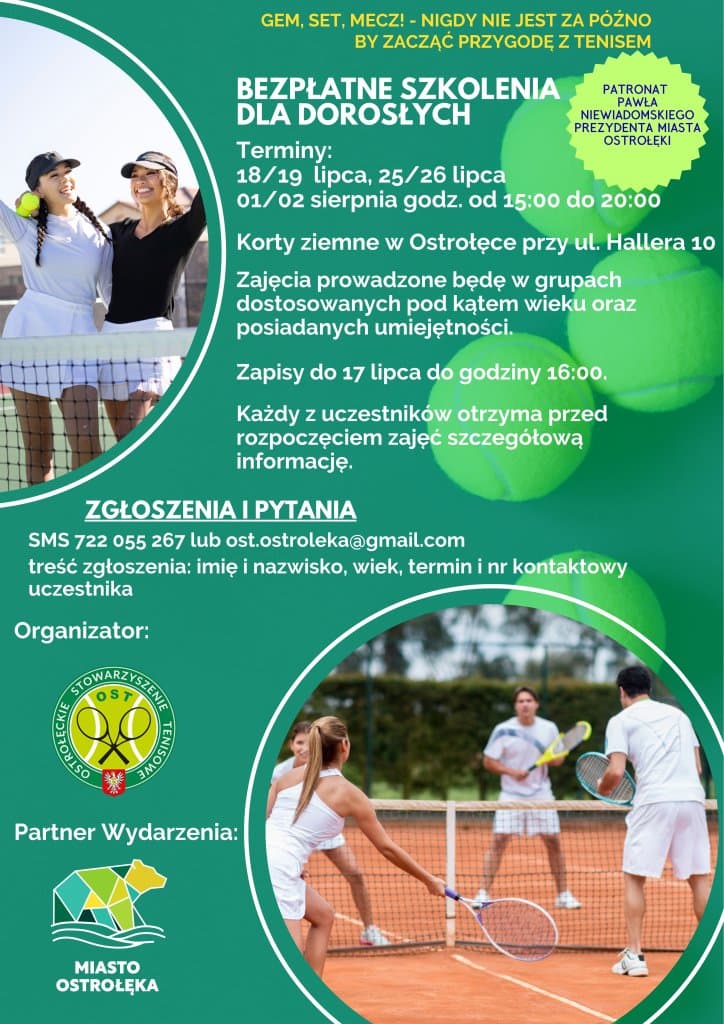 Bez względu na wiek – czas na tenis! Bezpłatne szkolenia dla dorosłych w Ostrołęce