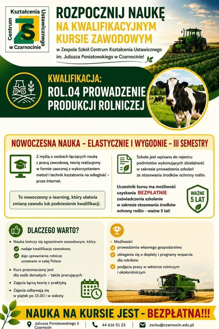 Bezpłatny kurs rolniczy w Czarnocinie. Nauka także dla osób pracujących