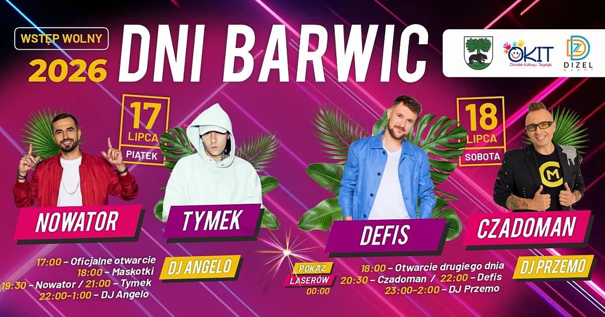 Dni Barwic 2026. Tymek, Czadoman, Defis i dwa dni koncertów