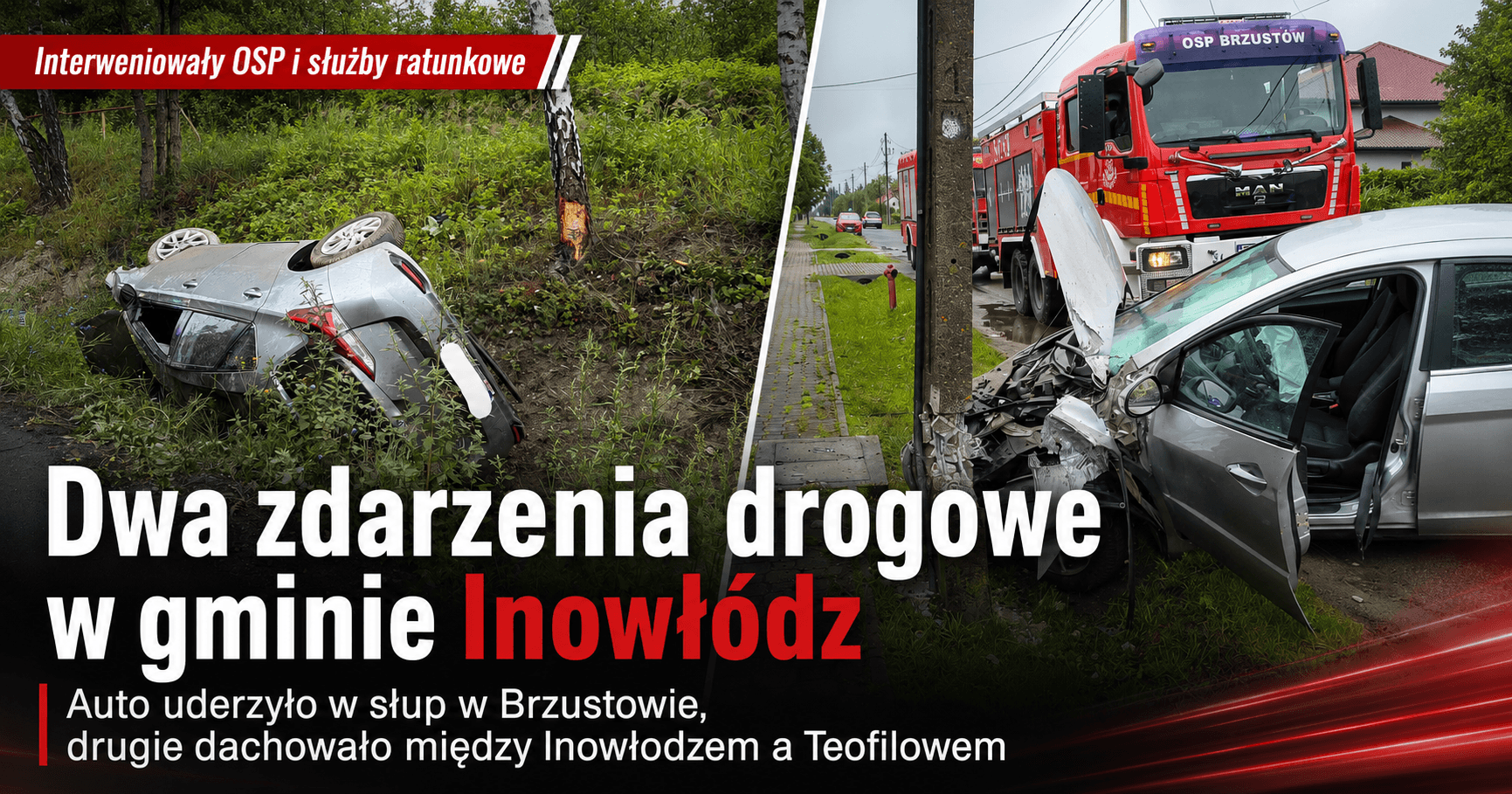 Dwa zdarzenia drogowe niemal jedno po drugim. Strażacy z Inowłodza interweniowali w Brzustowie i pod Teofilowem