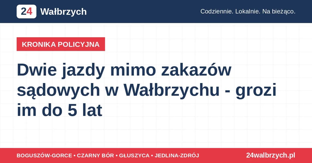 Dwie jazdy mimo zakazów sądowych w Wałbrzychu - grozi im do 5 lat Dwóch kierowców w Wałbrzychu prowadziło auta mimo obowiązujących zakazów. Obaj trafili do celi; grozi im do 5 lat więzie... 9 godzin temu