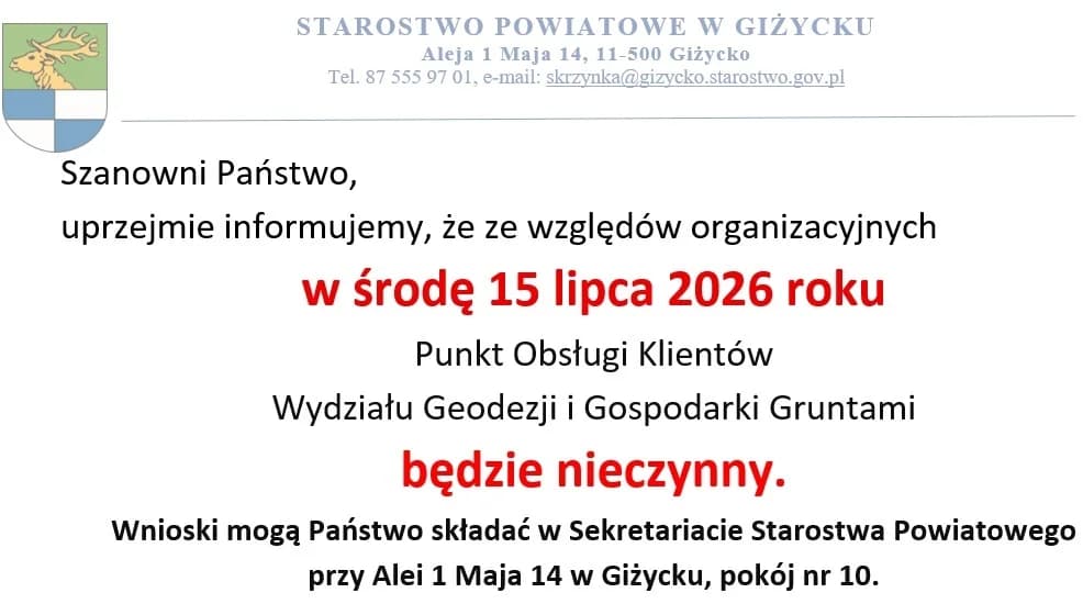 Geodezja w Giżycku nieczynna 15 lipca. Gdzie złożyć wniosek i co działa tego dnia?