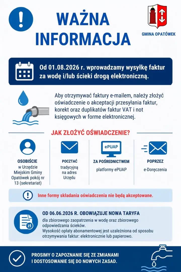 Gmina Opatówek wprowadza e-faktury za wodę i ścieki od 1 sierpnia