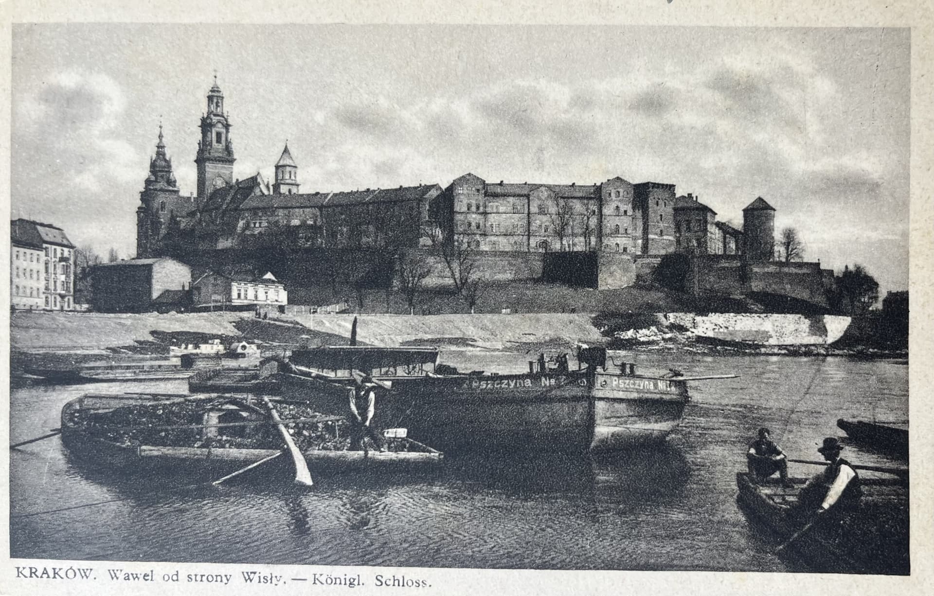 Historyczne zdjęcie barki "Pszczyna" pod Wawelem. Archiwalna fotografia z lat 30.