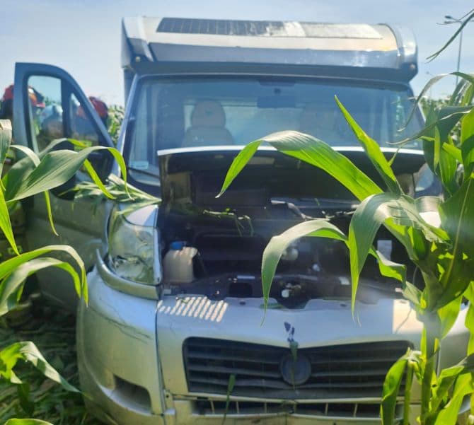 Kamper wjechał w pole kukurydzy. Kierowca prawdopodobnie zasłabł