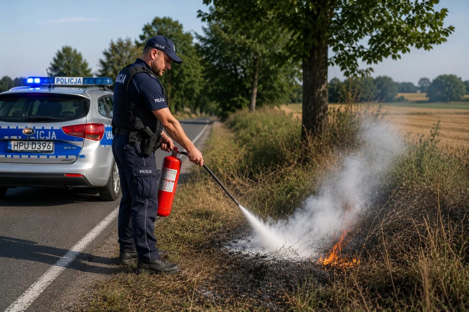 Kilka sekund mogło zrobić różnicę. Policjanci ugasili ogień przy drodze