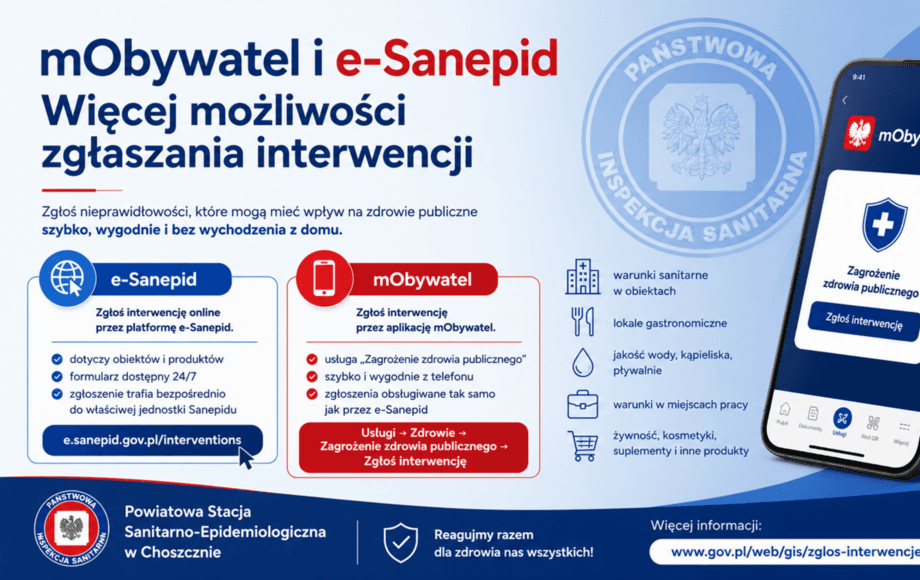 Kliknij aby przejść do mObywatel i e-Sanepid – więcej możliwości zgłaszania interwencji.