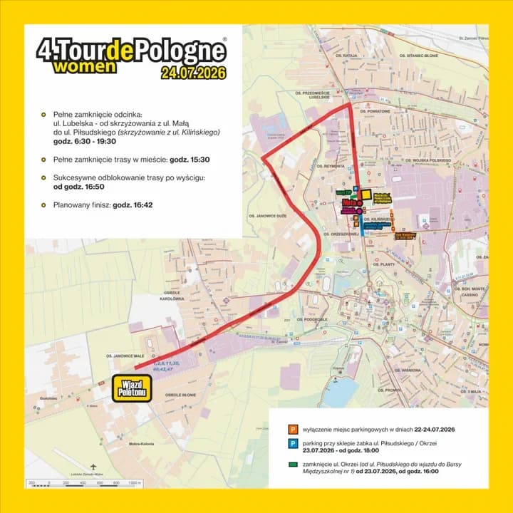 Kolarstwo na ulicach, zamknięte parkingi. Tour de Pologne Women w Zamościu