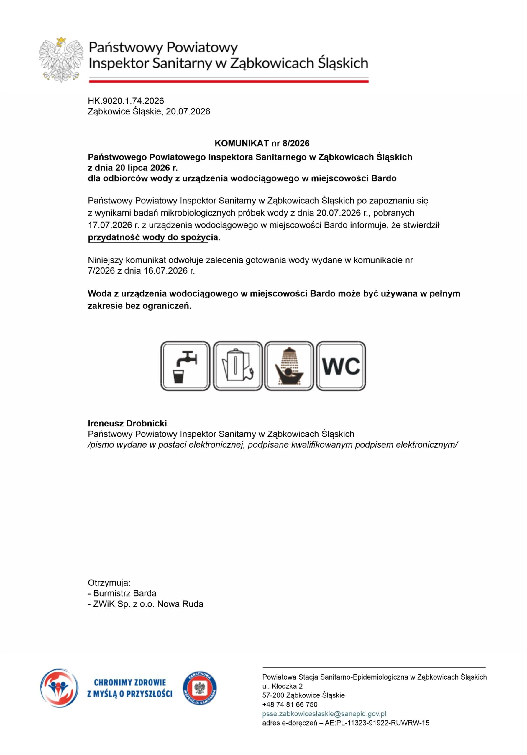 Komunikat PPIS w Ząbkowicach Śl. dot. przydatności wody do spożycia w Bardzie