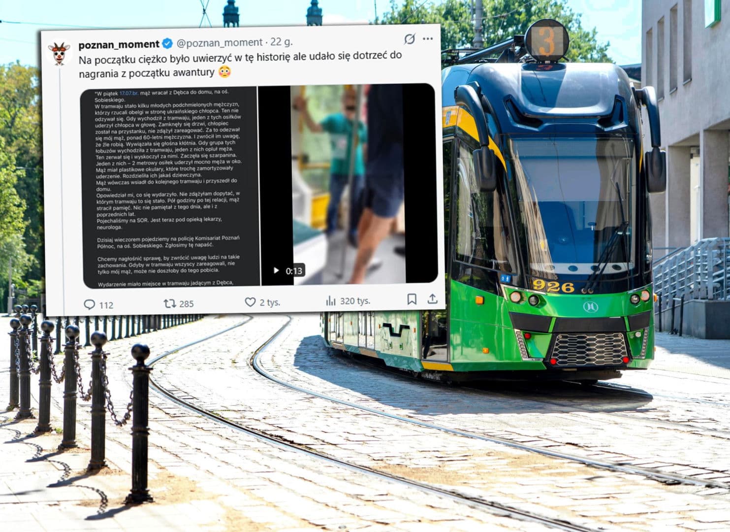 Koszmar w poznańskim tramwaju. Bronił chłopca z Ukrainy, został pobity na przystanku