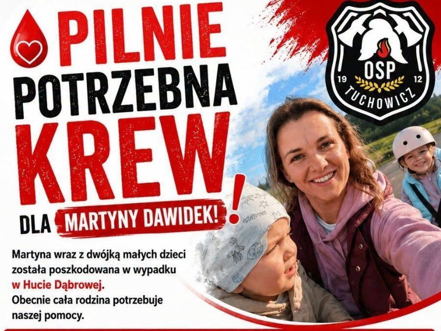 Martyna i jej dzieci potrzebują krwi. Apel o pomoc po poważnym wypadku w Hucie Dąbrowie