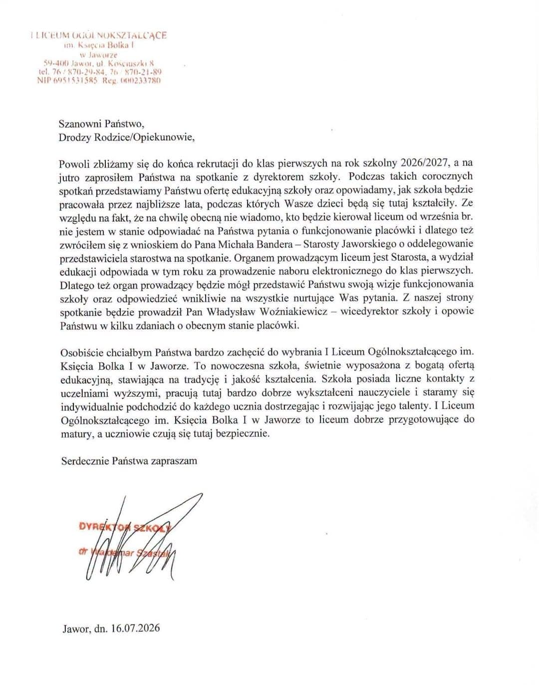 Nie wiadomo, kto poprowadzi jaworskie liceum. Dyrektor zwrócił się do rodziców