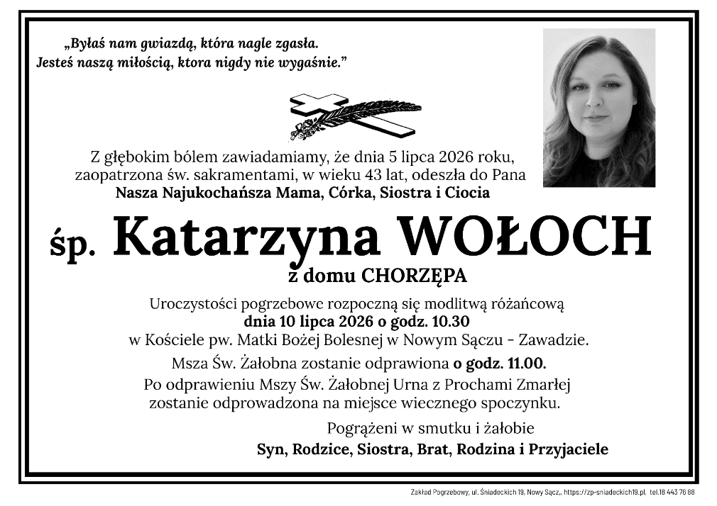 Nie żyje Katarzyna Wołoch. Uroczystości pogrzebowe odbędą się dziś w Zawadzie
