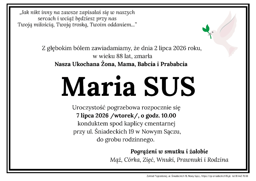 Nie żyje Maria Sus. Miała 88 lat