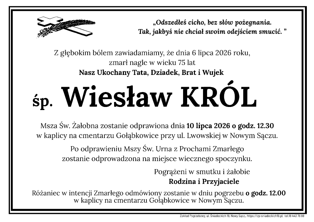 Nie żyje Wiesław Król. Pogrzeb odbędzie się dziś na cmentarzu Gołąbkowickim