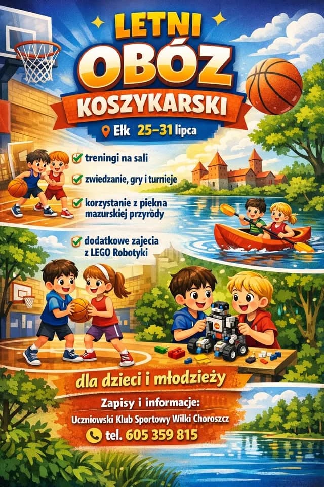 Obóz sportowy - EŁK 2026: koszykówka, treningi i wakacyjna przygoda w Mazurach