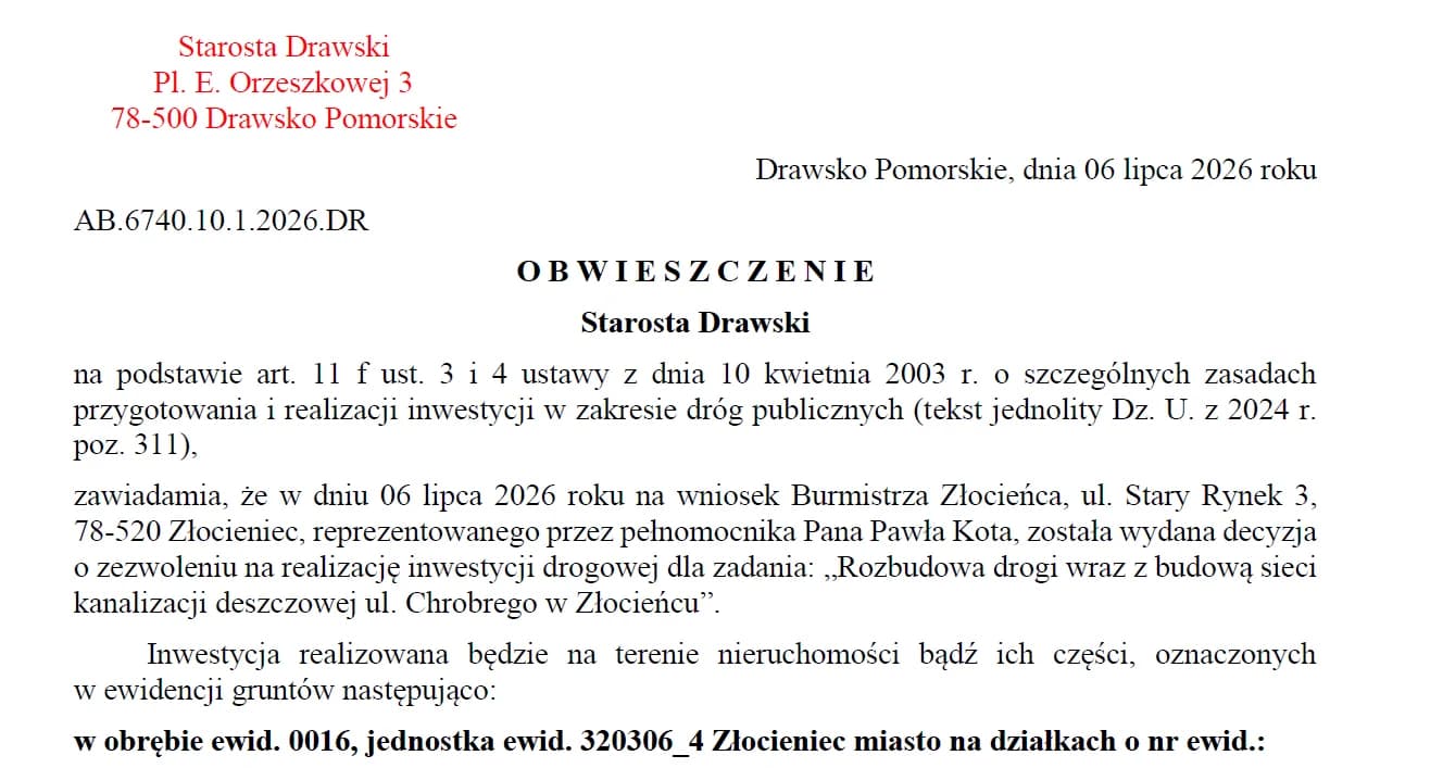 Obwieszczenie Starosty Drawskiego
