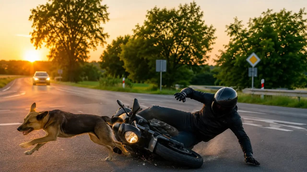 Pies wbiegł pod motocykl na DK30. Kierowca przewrócił się, a później został pogryziony