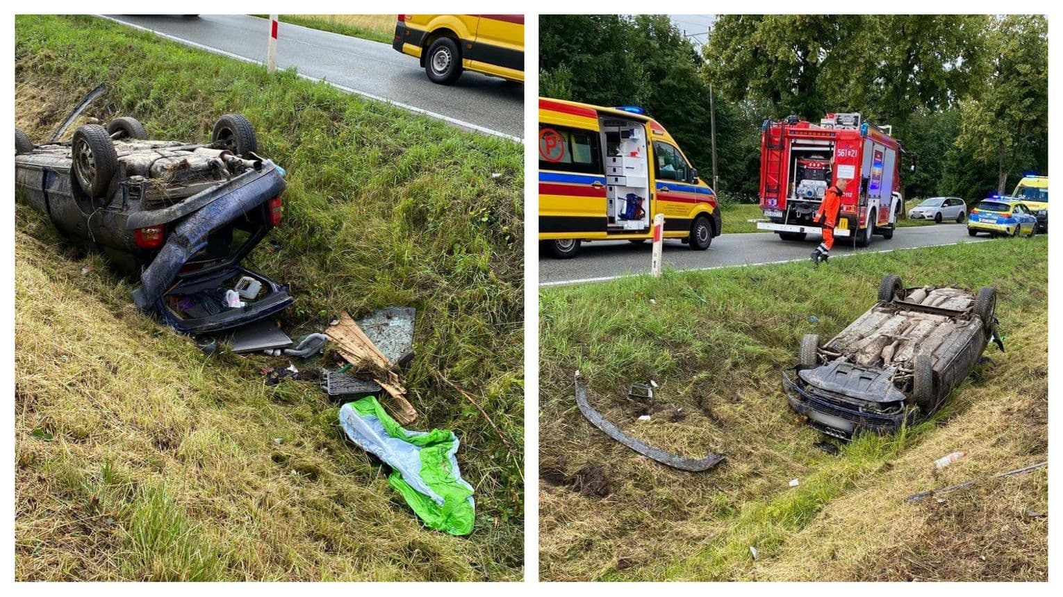 Pijana kierująca dachowała w Trygorcie. Droga zablokowana, wyznaczono objazdy