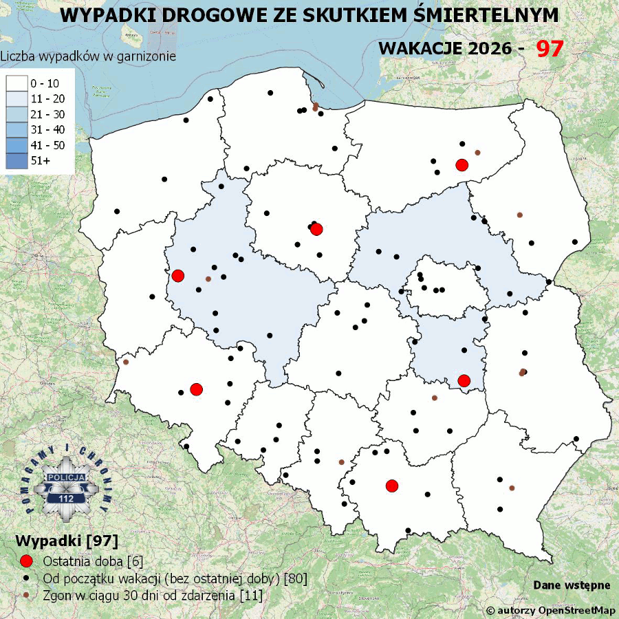 Policyjna mapa wypadków drogowych ze skutkiem śmiertelnym – Wakacje 2026