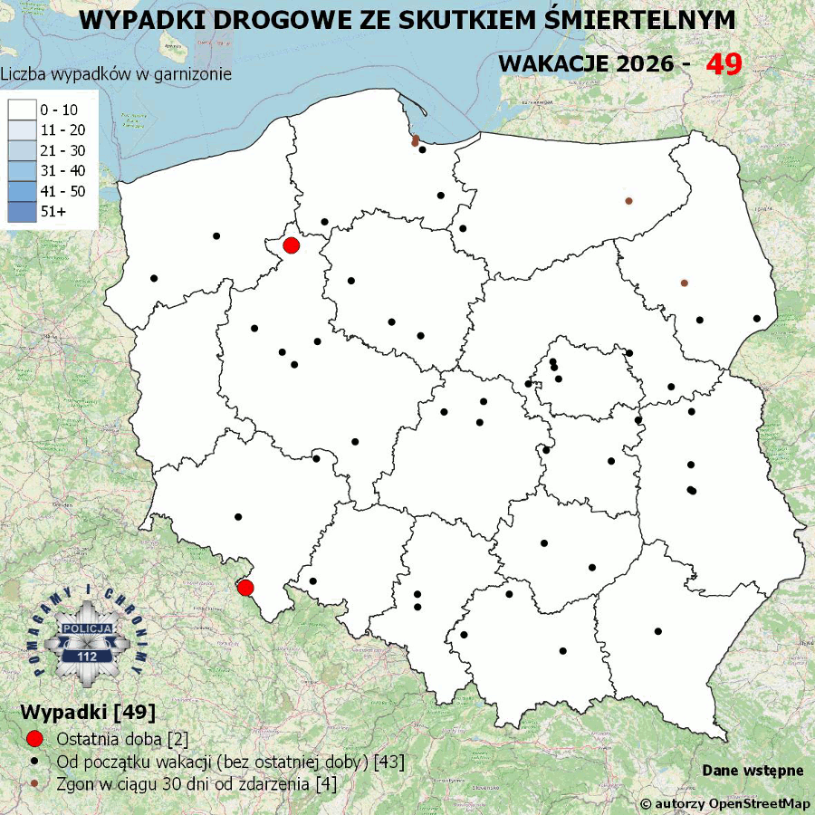 Policyjna mapa wypadków drogowych ze skutkiem śmiertelnym – Wakacje 2026