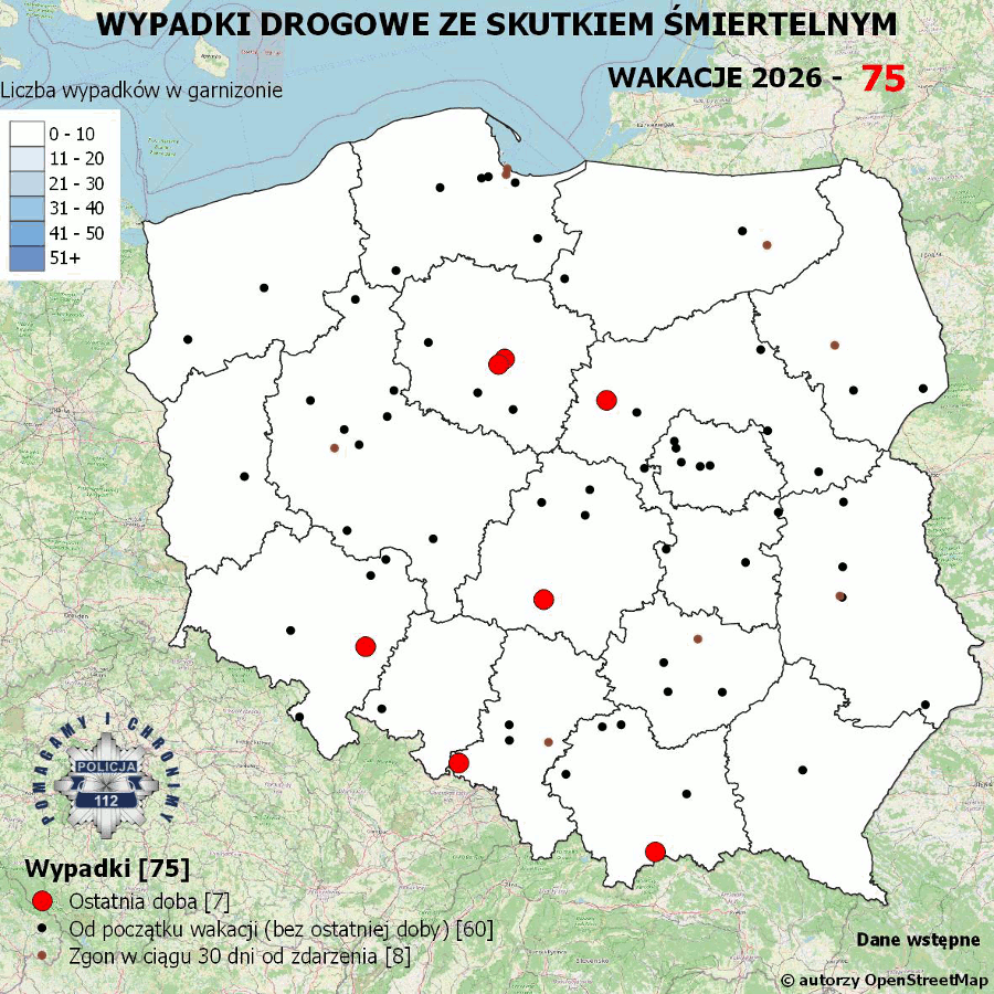 Policyjna mapa wypadków drogowych ze skutkiem śmiertelnym – Wakacje 2026