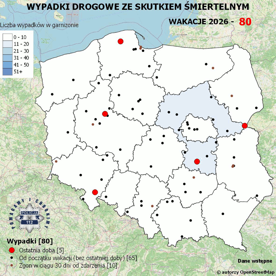 Policyjna mapa wypadków drogowych ze skutkiem śmiertelnym – Wakacje 2026