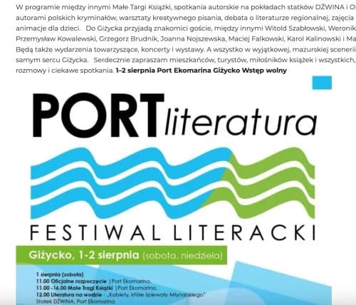 Port Literatura w Giżycku 1 i 2 sierpnia 2026. Program festiwalu w Ekomarinie📅 1-2 sierpnia 2026📍 Port Ekomarina w Giżycku