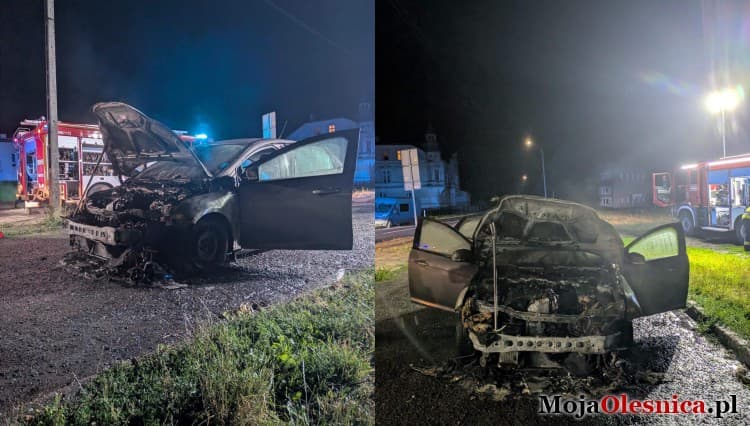 Pożar samochodu osobowego w Bierutowie. Interwencja straży pożarnej