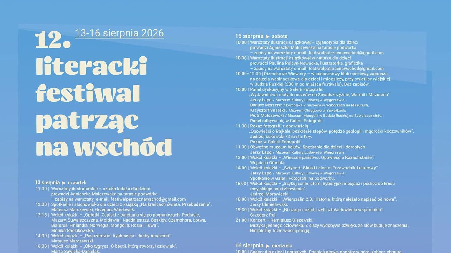 Poznaliśmy plakat 12. Festiwalu Literackiego „Patrząc na Wschód”. Spotkajmy się w Budzie Ruskiej nad Czarną Hańczą 13
