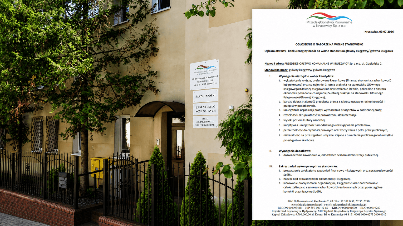Przedsiębiorstwo Komunalne w Kruszwicy poszukuje Głównej Księgowej / Głównego Księgowego