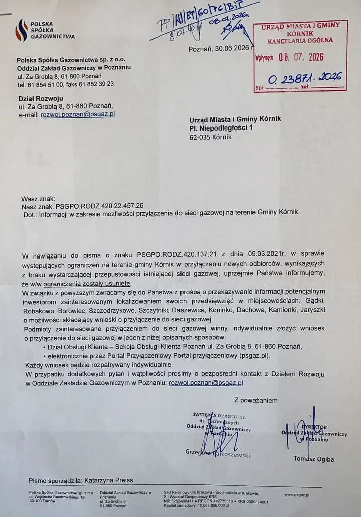 PSG znosi ograniczenia w przyłączaniu do sieci gazowej w 10 miejscowościach gminy Kórnik