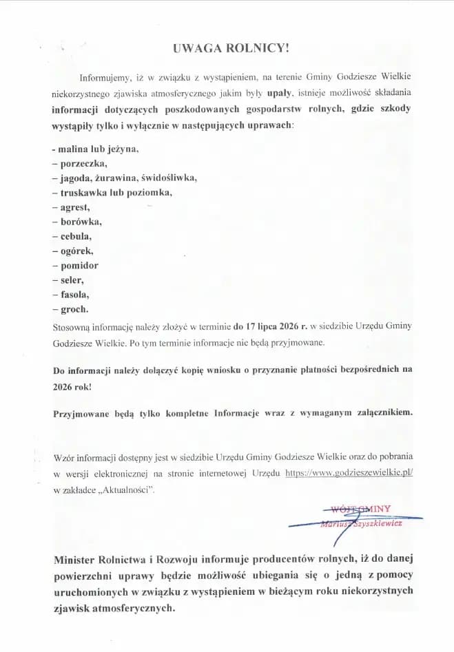 Rolnicy z gminy Godziesze Wielkie mogą zgłaszać straty w uprawach po upałach
