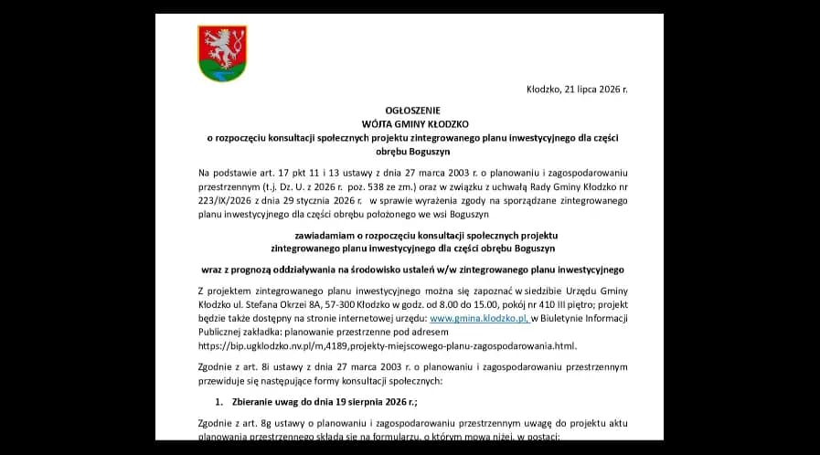Rozpoczęcie konsultacji społecznych dotyczących zintegrowanego planu inwestycyjnego w Boguszynie