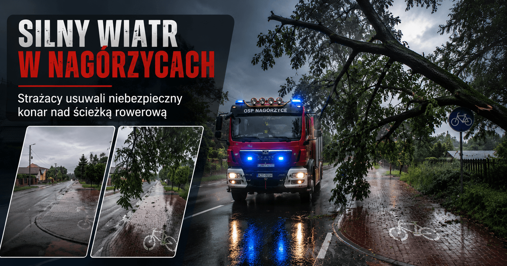 Silny wiatr nad Nagórzycami. Niebezpieczny konar zawisł nad ścieżką rowerową
