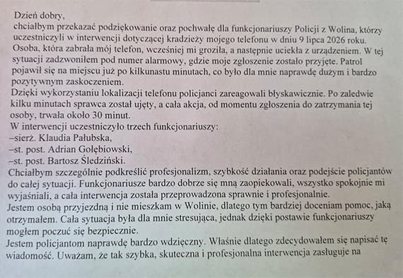 Słowa uznania dla policjantów z Komisariatu Policji w Wolinie