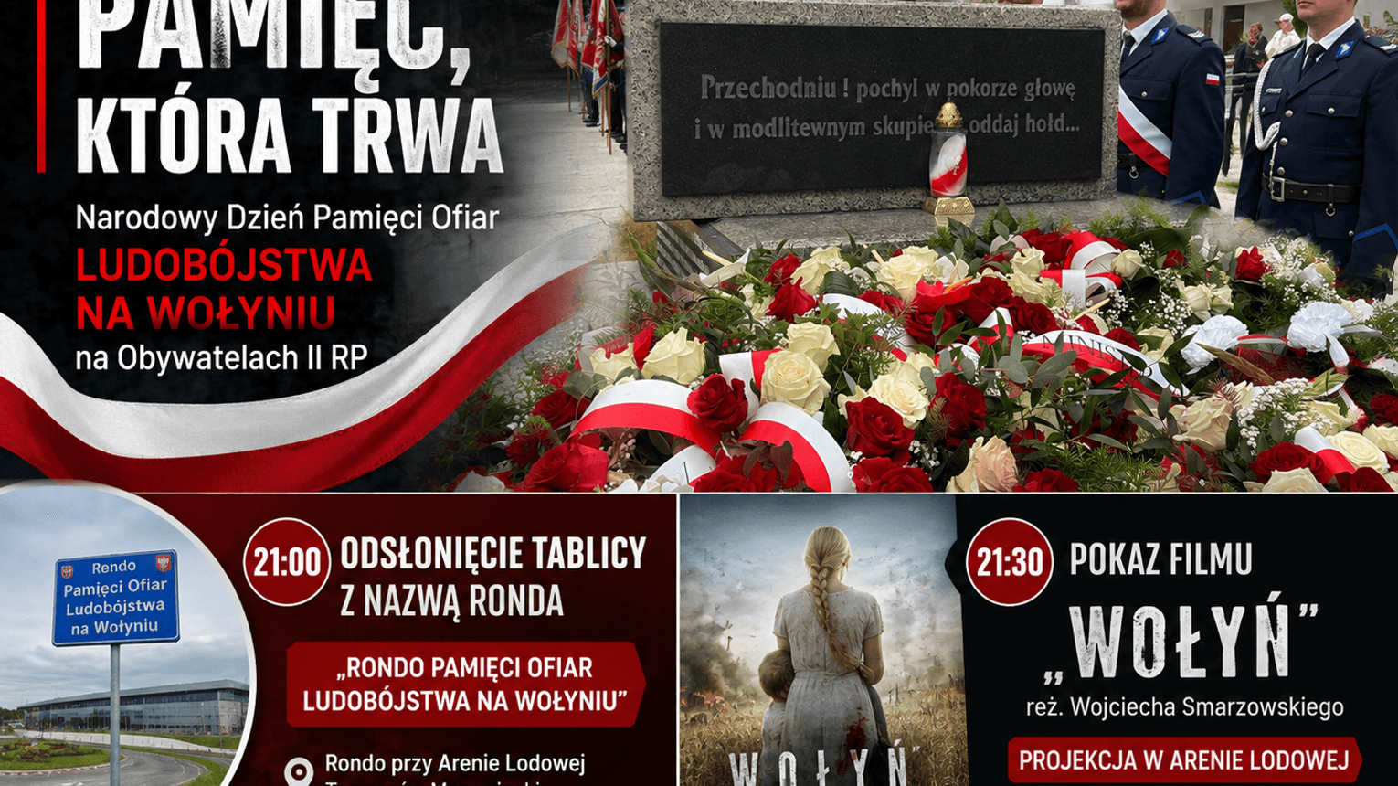 Tomaszów Mazowiecki oddał hołd ofiarom ludobójstwa na Wołyniu. Wieczorem odsłonięcie tablicy „Ronda Pamięci” i pokaz filmu „Wołyń”