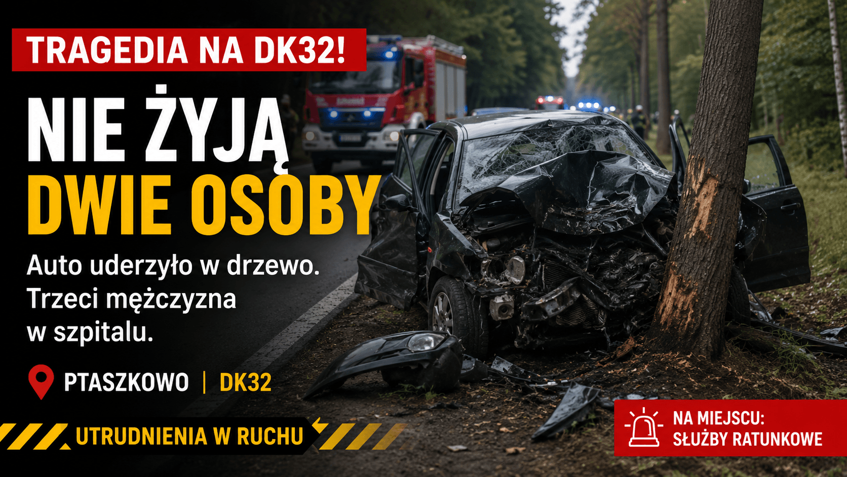 Tragiczny wypadek na DK32. Dwie osoby zginęły po uderzeniu auta w drzewo