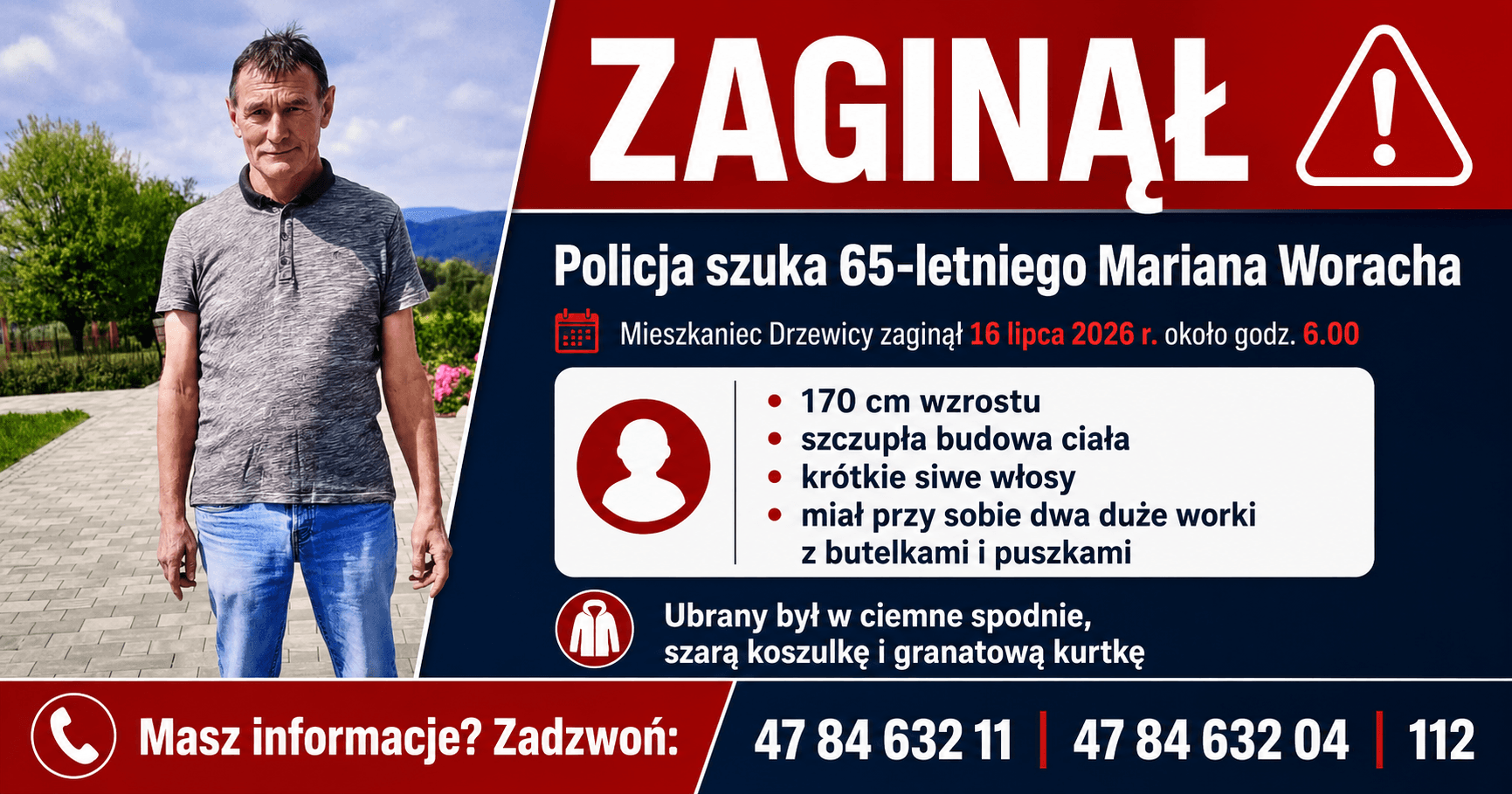Trwają poszukiwania 65-letniego Mariana Woracha z Drzewicy. Policja prosi o pomoc