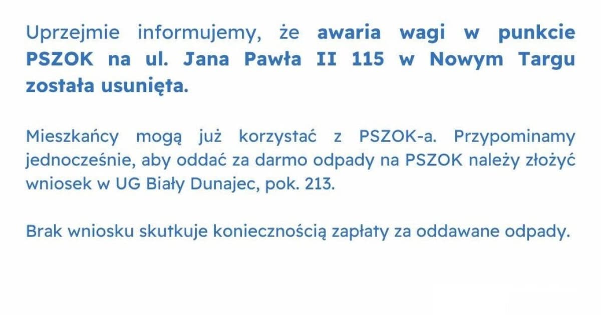 Usunięto awarię wagi w PSZOK w Nowym Targu. Mieszkańcy ponownie mogą oddawać odpady