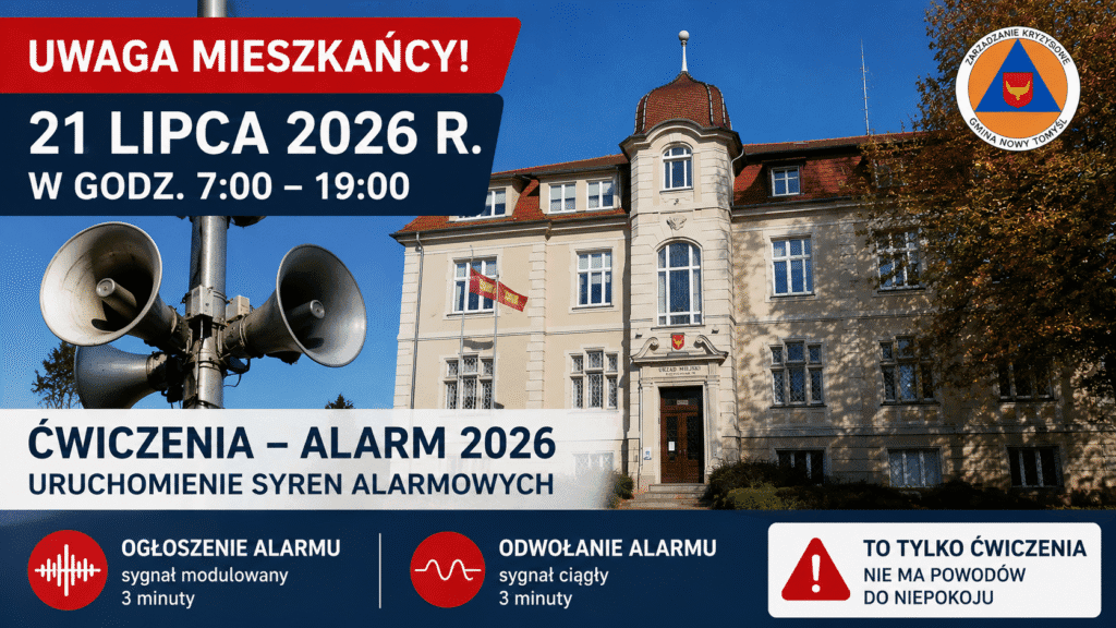 Uwaga mieszkańcy Nowego Tomyśla! 21 lipca zawyją syreny alarmowe. To tylko ćwiczenia