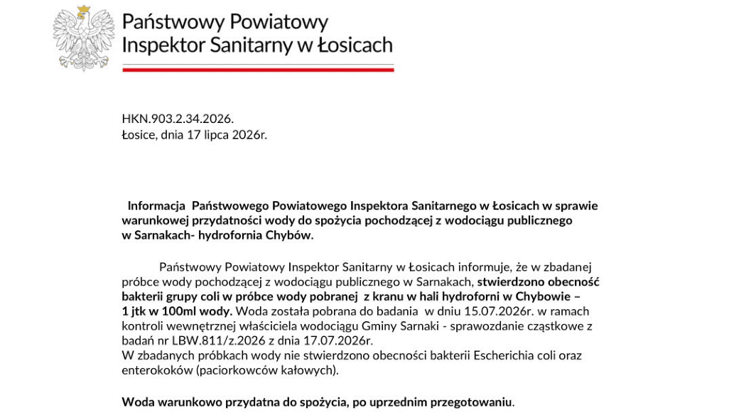 Uwaga! Wodę z wodociągu w gminie Sarnaki należy przegotować