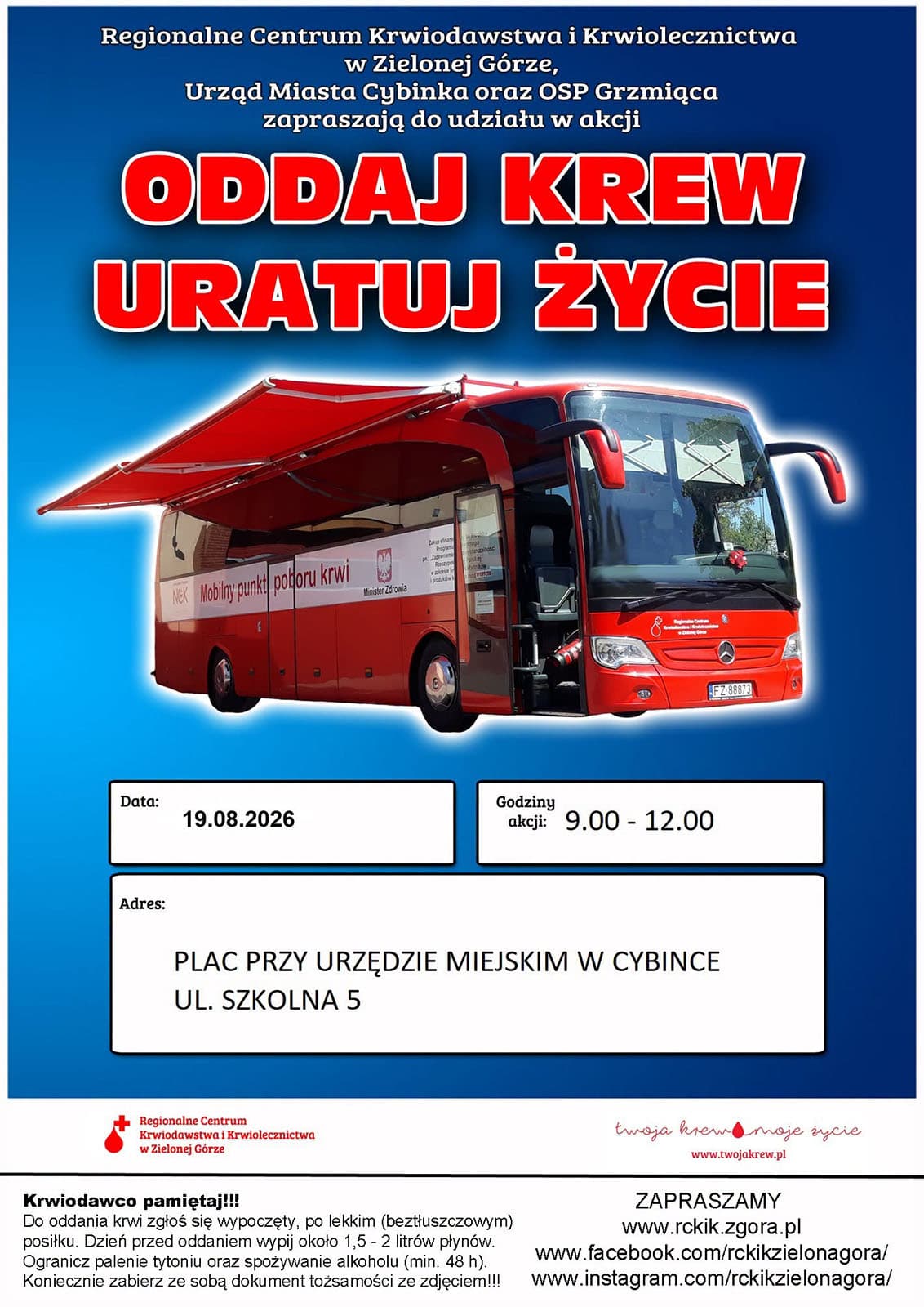 W sierpniu krwiobus RCKiK ponownie przyjedzie do Cybinki. Będzie można oddać krew
