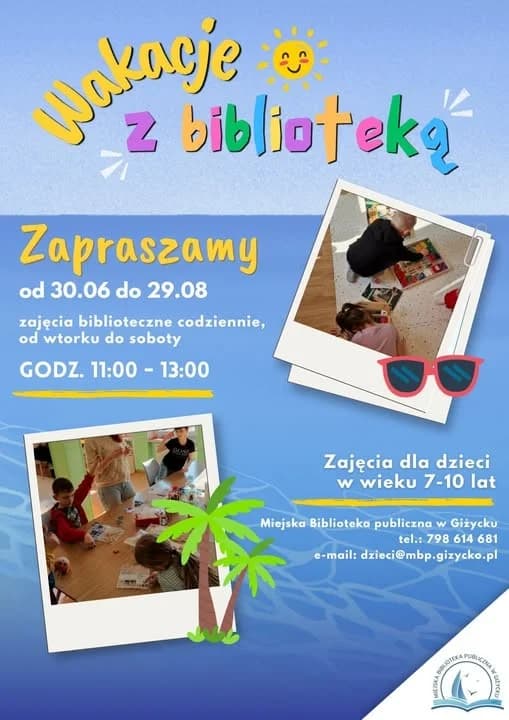 Wakacje z biblioteką w Giżycku 2026. Letnie zajęcia dla dzieci w MBP trwają do 29 sierpniaJuż dzisiaj📅 30 czerwca – 29 sierpnia 2026📍 Miejska Biblioteka Publiczna w Giżycku