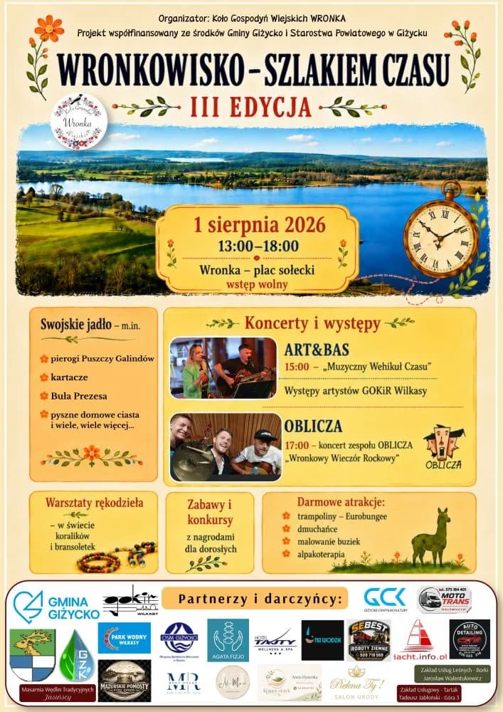 Wronkowisko 2026 we Wronce 1 sierpnia. Program pikniku Szlakiem Czasu📅 1 sierpnia 2026📍 Plac sołecki we Wronce