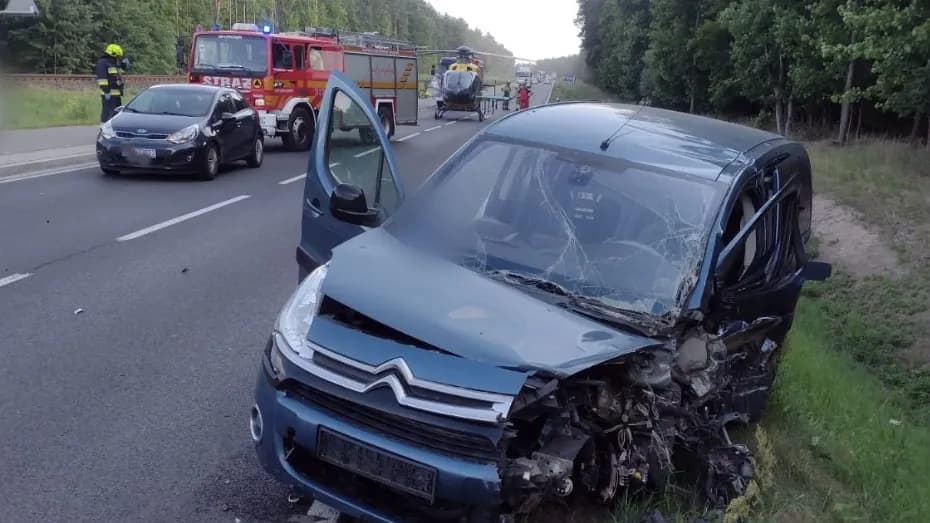 Wypadek na drodze wojewódzkiej, jedna osoba uwięziona w pojeździe