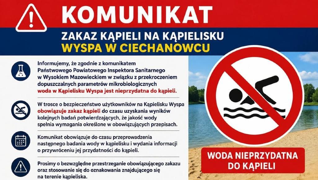 Zakaz kąpieli na kąpielisku Wyspa w Ciechanowcu