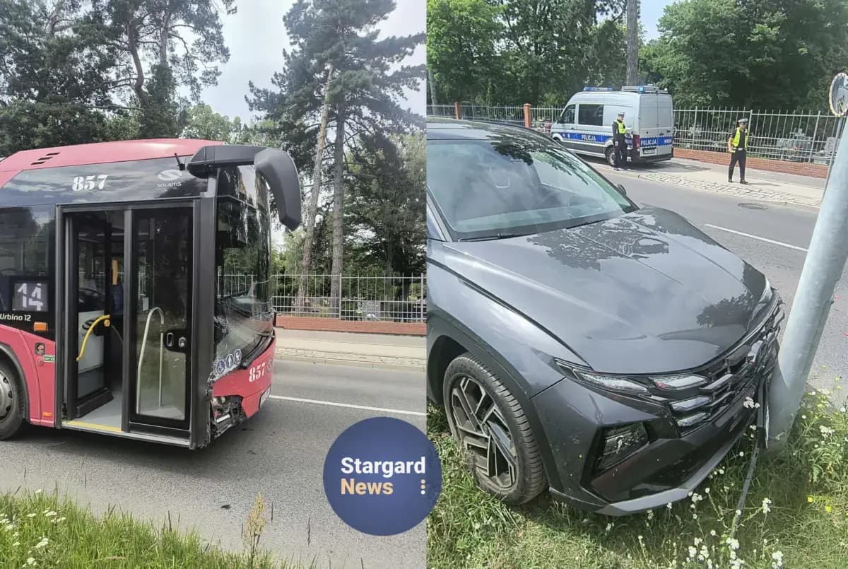 Zderzenie autobusu komunikacji miejskiej w Stargardzie z samochodem osobowym