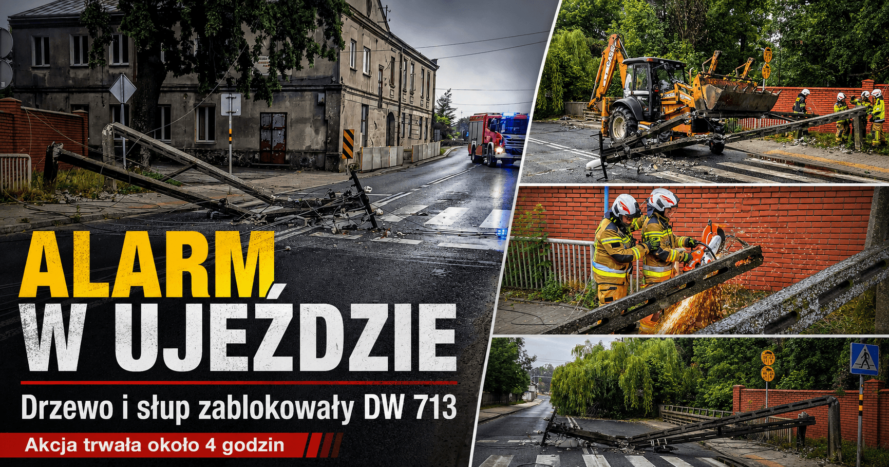 Złamane drzewo i słup energetyczny zablokowały drogę wojewódzką nr 713 w Ujeździe